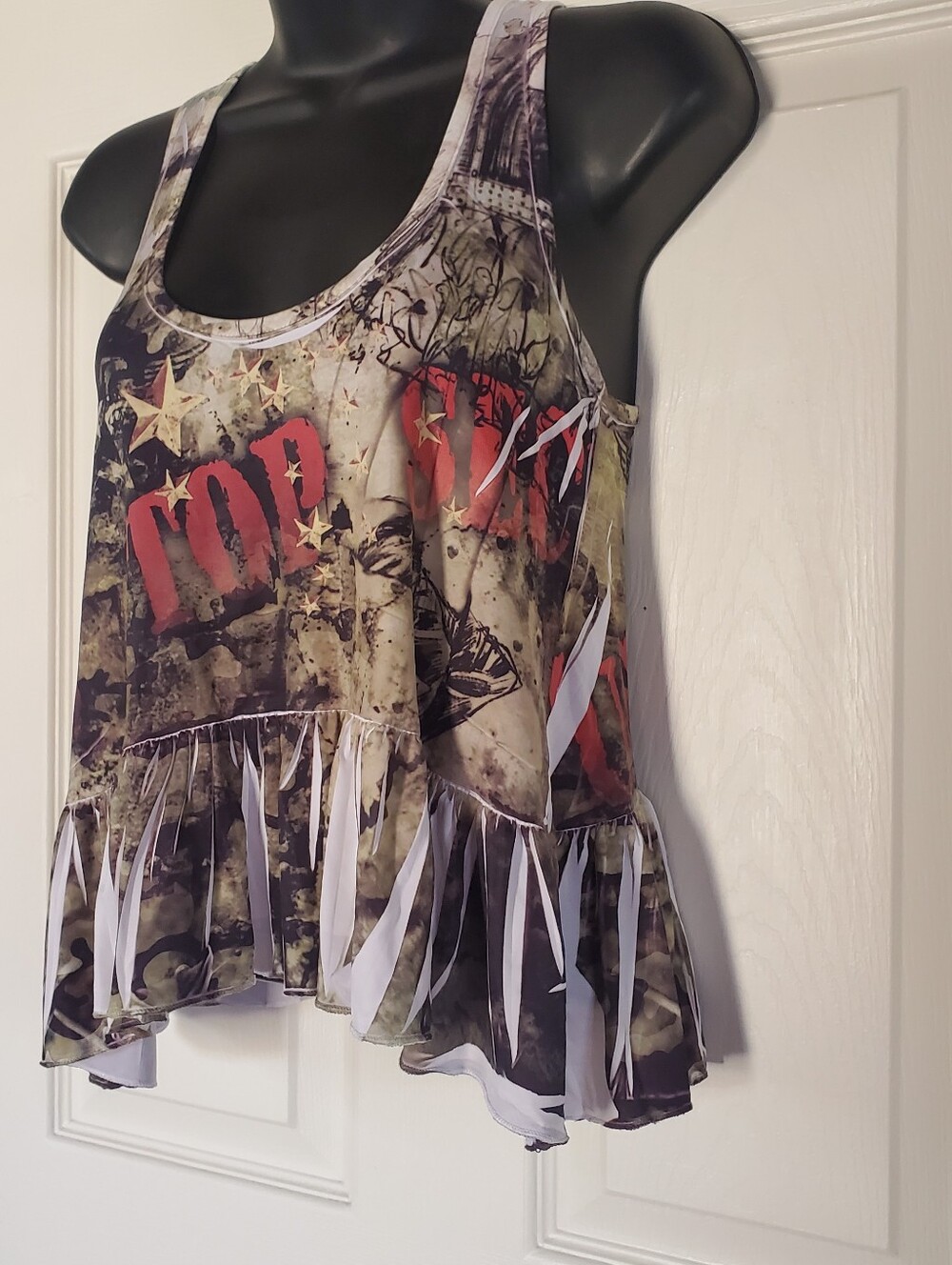 Graphic Top Secret Ruffled Hem Tank Top Babydoll Grunge Festival Punk Size Small